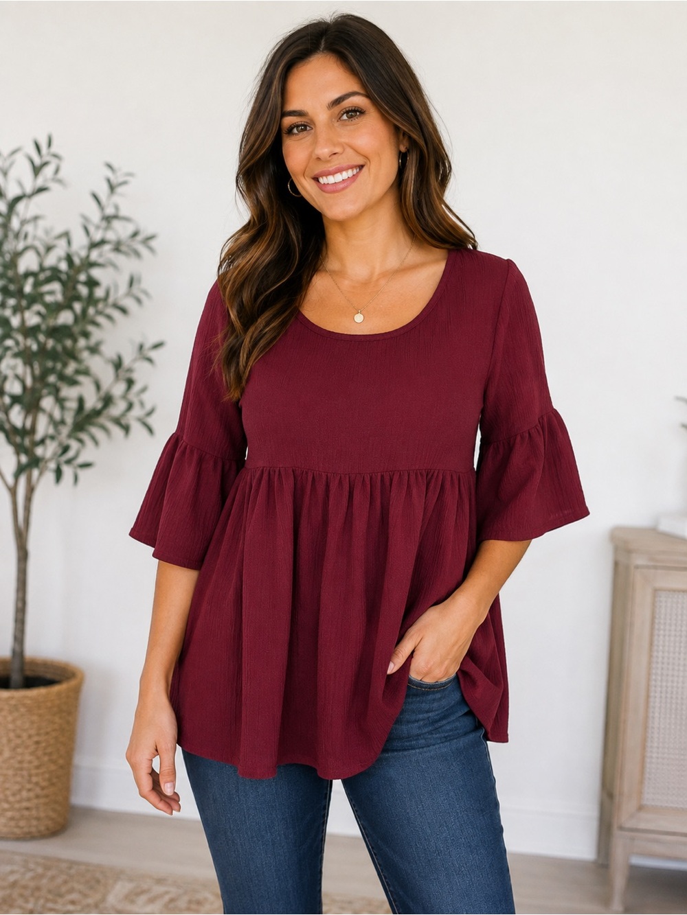 Red Lolly Burgundy Babydoll Top Bell Sleeve Crinkle Gauze Boho Size Medium
